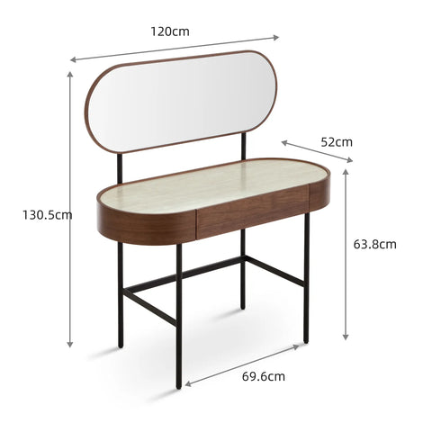 Mossley Walnut Effect 1 Drawer Glass Top Curved Dressing Table with Mirror