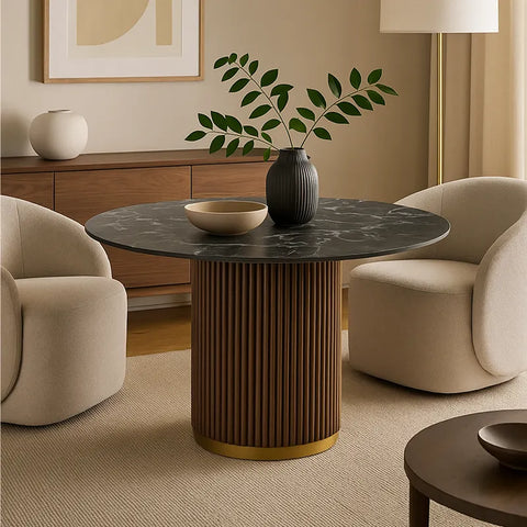 Marcio Black Marble-effect Ceramic Top & Wooden Base Round Dining Table - 120cm