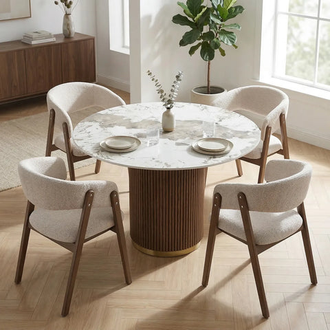 Marcio White Marble-effect Ceramic Top & Wooden Base Round Dining Table - 120cm - Pattern A