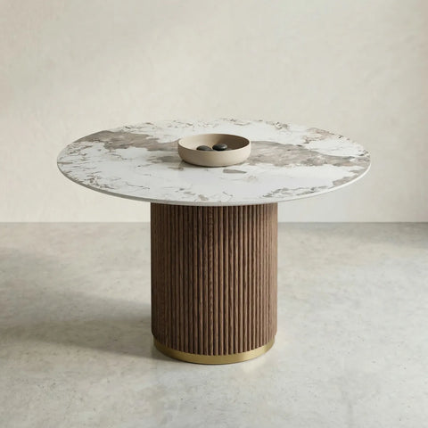 Marcio White Marble-effect Ceramic Top & Wooden Base Round Dining Table - 120cm - Pattern A