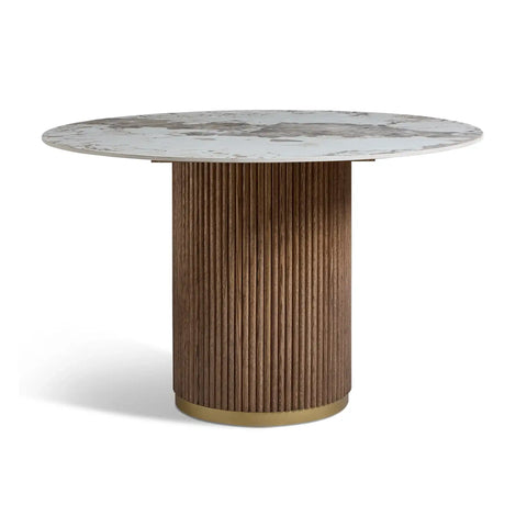 Marcio White Marble-effect Ceramic Top & Wooden Base Round Dining Table - 120cm
