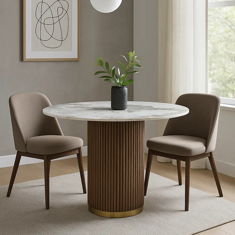 Marcio White Marble-effect Ceramic Top & Wooden Base Round Dining Table - 120cm