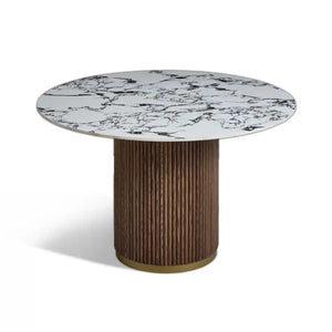 Marcio White Marble-effect Ceramic Top & Wooden Base Round Dining Table - 120cm