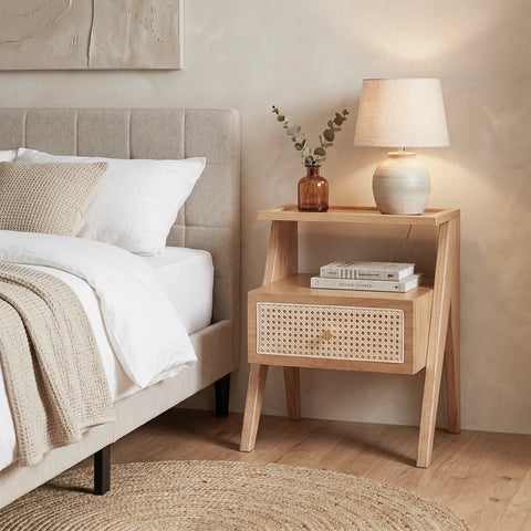 Mina Solid Wood & Rattan Bedside Cabinet - Natural