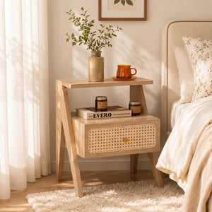 Mina Rattan 1 Drawer Wooden Bedside Cabinet - Natural Effect