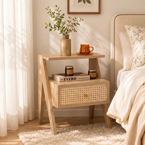 Mina Rattan 1 Drawer Wooden Bedside Cabinet - Natural Effect