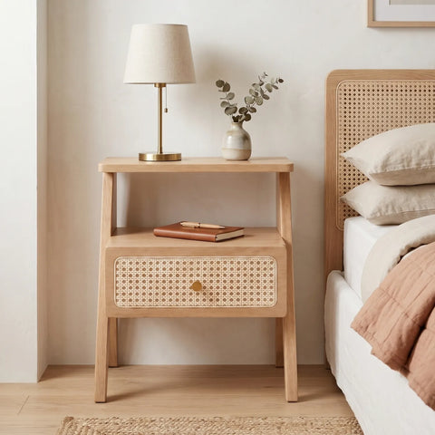 Mina Rattan 1 Drawer Wooden Bedside Cabinet - Natural Effect
