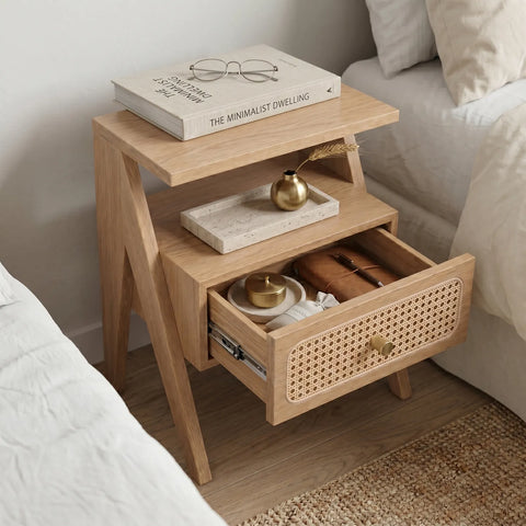 Mina Rattan 1 Drawer Wooden Bedside Cabinet - Natural Effect