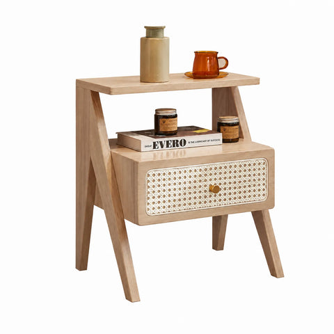 Mina Rattan 1 Drawer Wooden Bedside Cabinet - Natural Effect