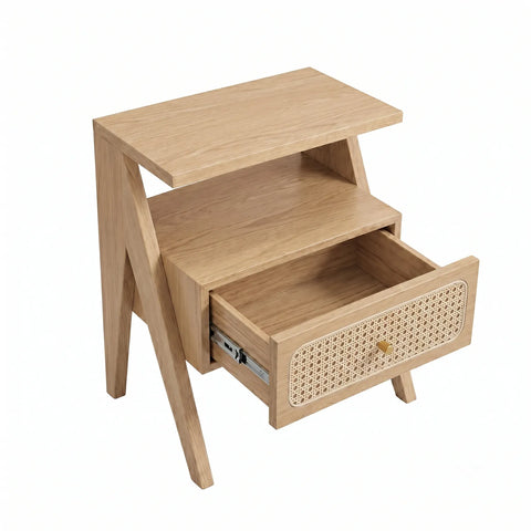 Mina Rattan 1 Drawer Wooden Bedside Cabinet - Natural Effect