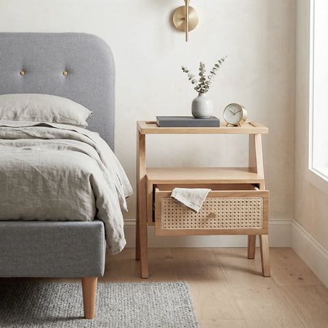 Mina Solid Wood & Rattan Bedside Cabinet - Natural