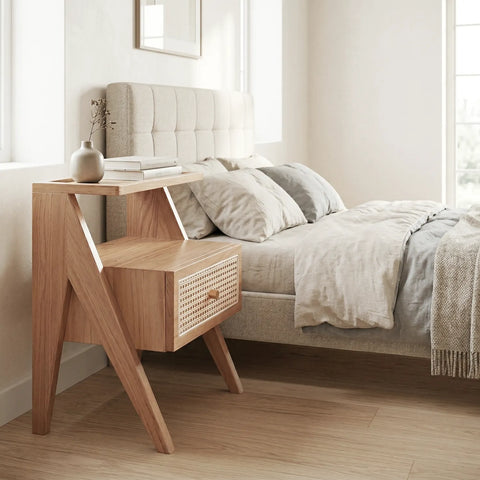 Mina Solid Wood & Rattan Bedside Cabinet - Natural