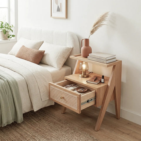 Mina Solid Wood & Rattan Bedside Cabinet - Natural