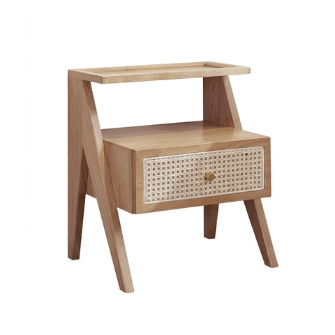 Mina Solid Wood & Rattan Bedside Cabinet - Natural
