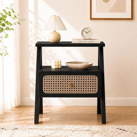 Mina Rattan 1 Drawer Wooden Bedside Cabinet - Black