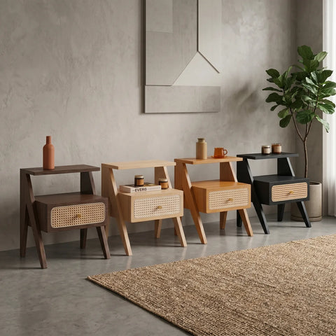 Mina Rattan 1 Drawer Wooden Bedside Cabinet - Natural Effect