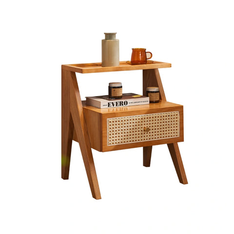 Mina Solid Wood & Rattan Bedside Cabinet - Brown