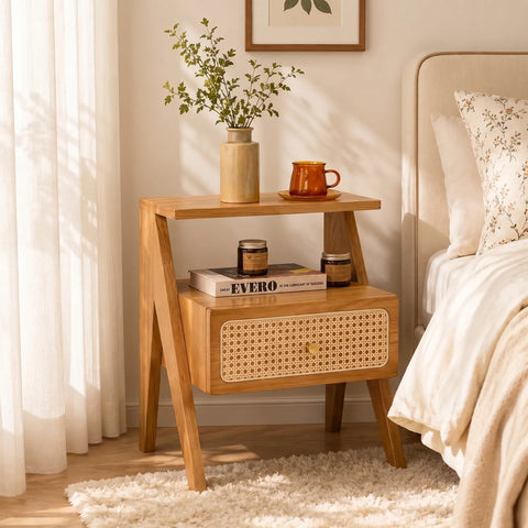 Mina Rattan 1 Drawer Wooden Bedside Cabinet - Brown