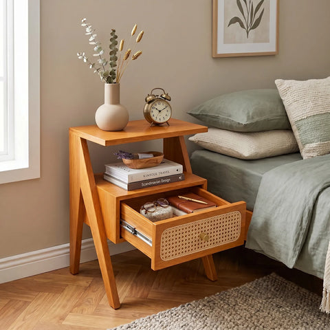 Mina Rattan 1 Drawer Wooden Bedside Cabinet - Brown