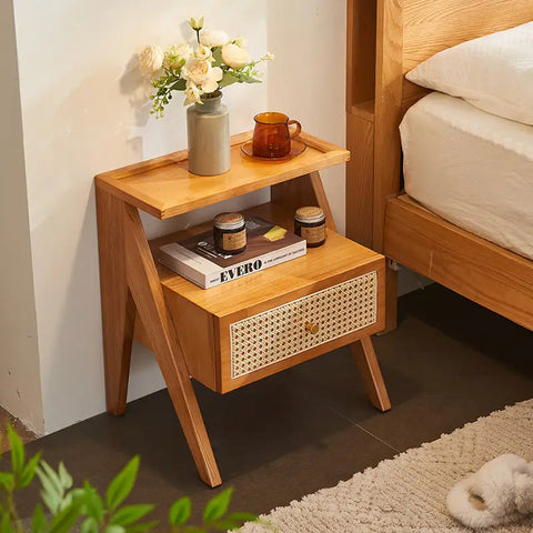Mina Solid Wood & Rattan Bedside Cabinet - Brown