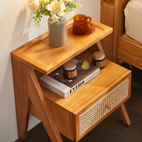 Mina Solid Wood & Rattan Bedside Cabinet - Brown