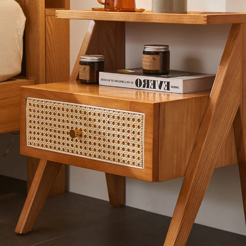 Mina Solid Wood & Rattan Bedside Cabinet - Brown