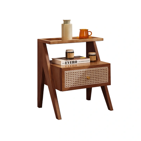 Mina Solid Wood & Rattan Bedside Cabinet - Walnut