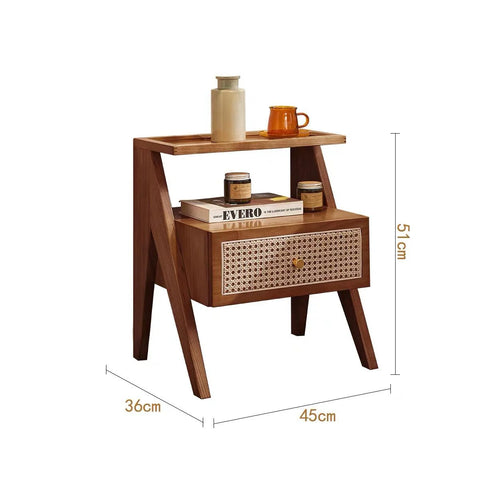 Mina Solid Wood & Rattan Bedside Cabinet - Walnut