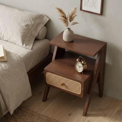 Mina Rattan 1 Drawer Wooden Bedside Cabinet - Walnut Effect