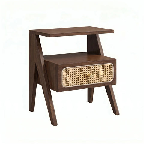 Mina Rattan 1 Drawer Wooden Bedside Cabinet - Walnut Effect