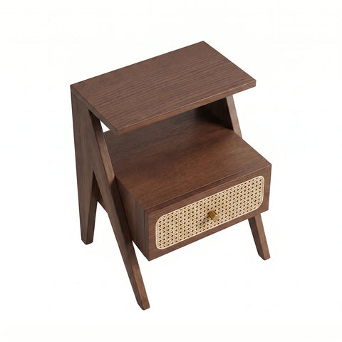 Mina Rattan 1 Drawer Wooden Bedside Cabinet - Walnut Effect