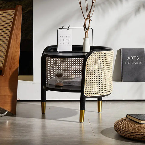 Moscan Solid Wood & Rattan Round Bedside Table - Black