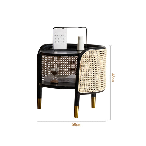 Moscan Solid Wood & Rattan Round Bedside Table - Black