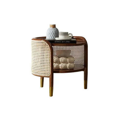 Moscan Solid Wood & Rattan Round Bedside Table - Walnut