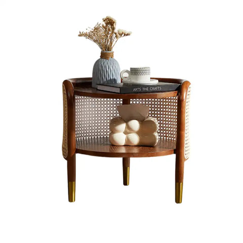 Moscan Solid Wood & Rattan Round Bedside Table - Walnut