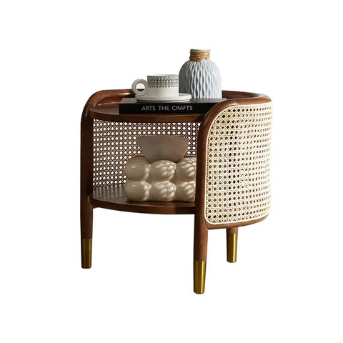Moscan Solid Wood & Rattan Round Bedside Table - Walnut