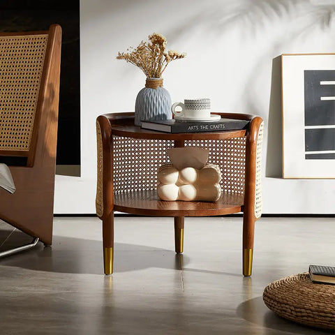 Moscan Solid Wood & Rattan Round Bedside Table - Walnut