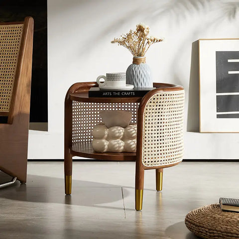 Moscan Solid Wood & Rattan Round Bedside Table - Walnut