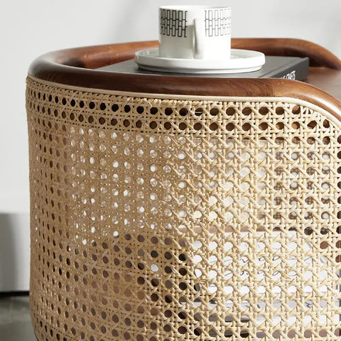 Moscan Solid Wood & Rattan Round Bedside Table - Walnut