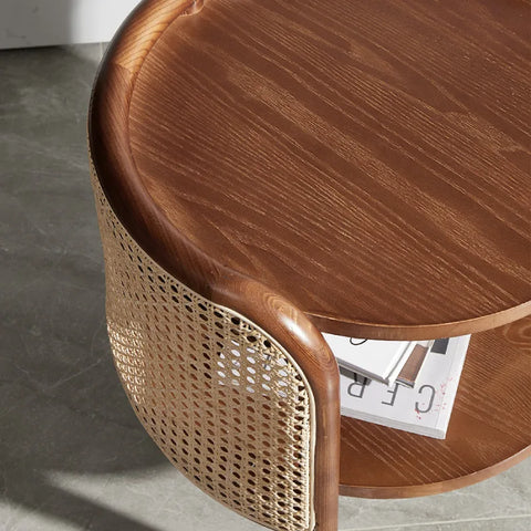 Moscan Solid Wood & Rattan Round Bedside Table - Walnut