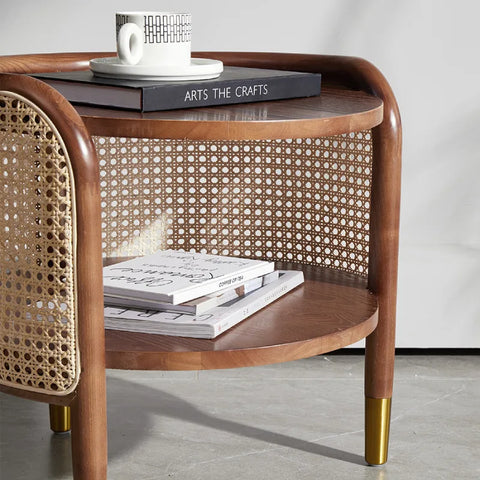 Moscan Solid Wood & Rattan Round Bedside Table - Walnut
