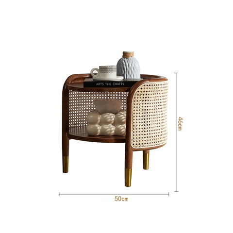 Moscan Solid Wood & Rattan Round Bedside Table - Walnut