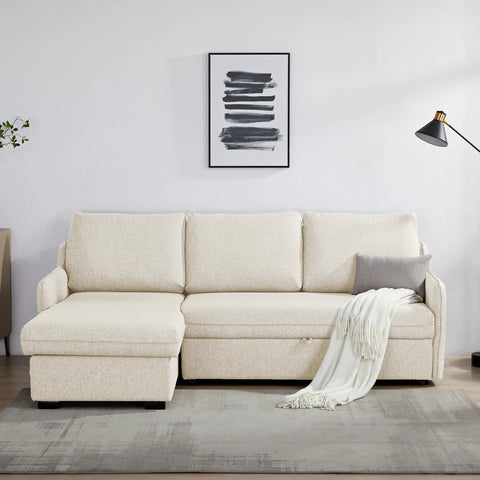Movra Fabric 3-Seater Corner Sofa Bed with Storage - Cream