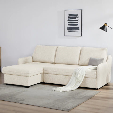 Movra Fabric 3-Seater Corner Sofa Bed with Storage - Cream