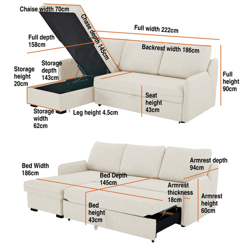 Movra Fabric 3-Seater Corner Sofa Bed with Storage - Cream