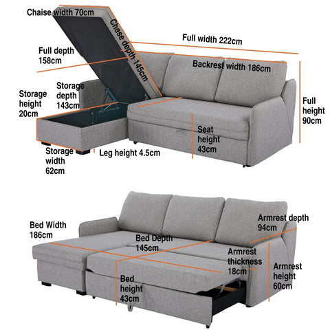 Movra Fabric 3-Seater Corner Sofa Bed with Storage - Grey