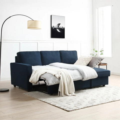 Myles Corner Sofa Bed in Blue, Grey and Natural Textured Weave