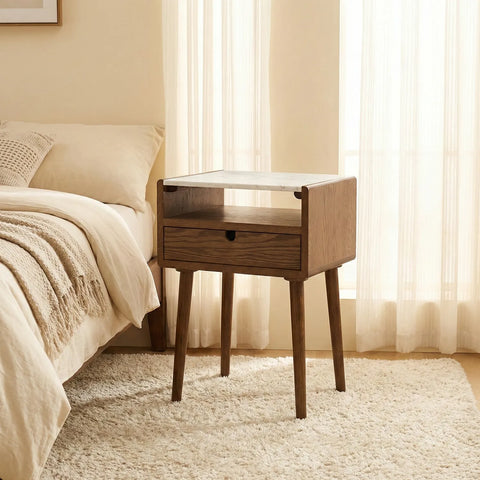 Nomi White Marble Top One Drawer Bedside Cabinet - Walnut