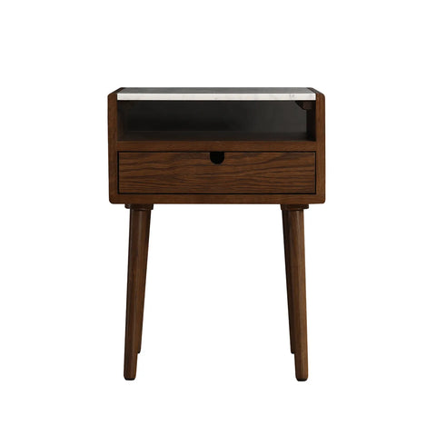 Nomi White Marble Top One Drawer Bedside Cabinet - Walnut