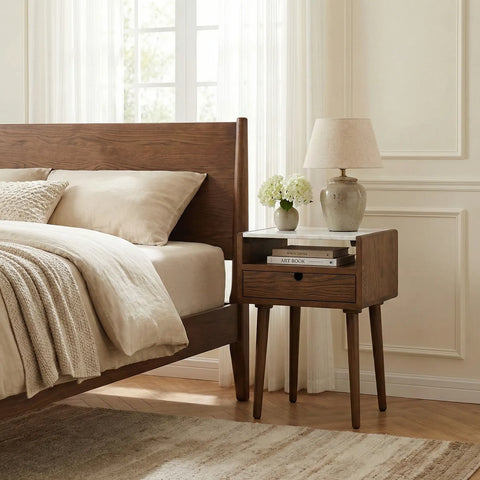 Nomi White Marble Top One Drawer Bedside Cabinet - Walnut